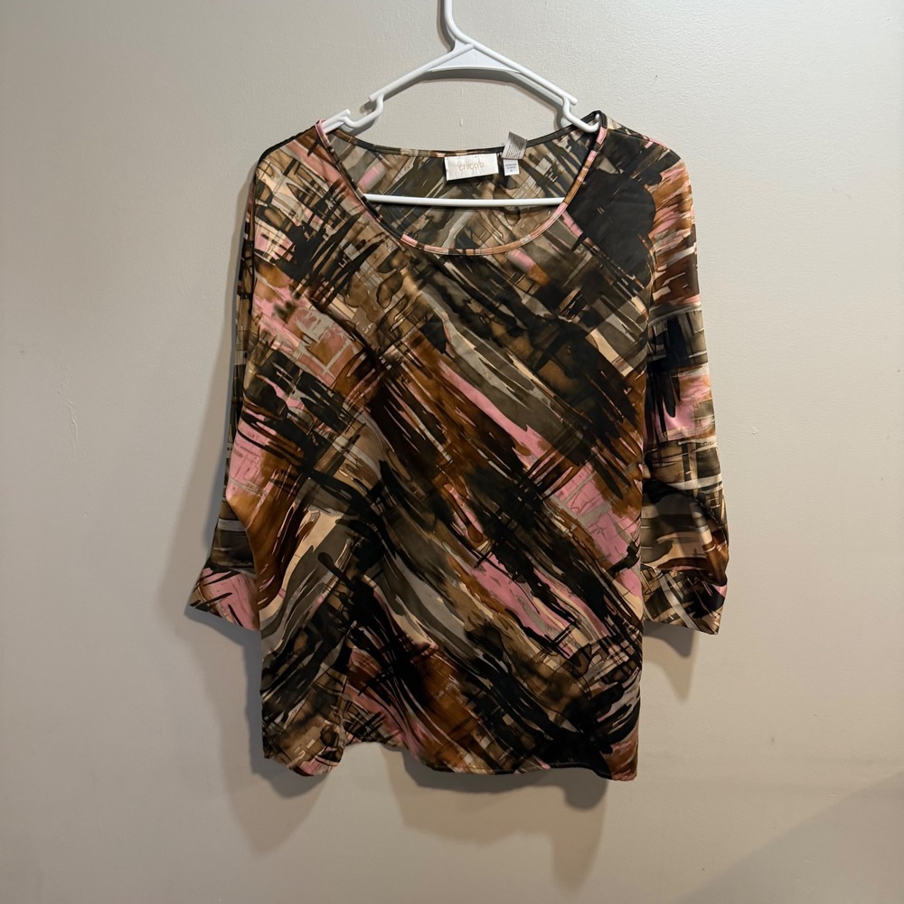 Chicos Abstract Brushstroke Print 3/4 Sleeve Blouse Brown Pink‎ Tan Size 1 M